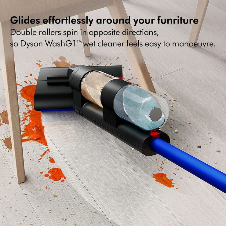 Lifestyle images of Dyson WashG1 wet floor cleaner showing gliding around furniture