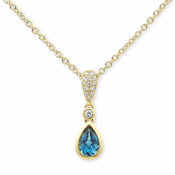 Pear Cut Blue Topaz & 0.07ctw Diamond Pendant, 18ct Yellow Gold