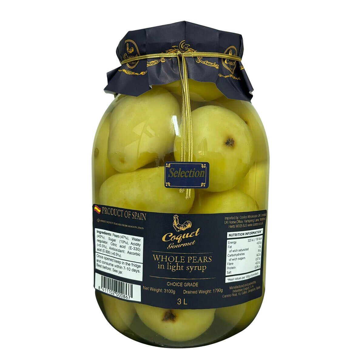 Coquet Gourmet Whole Pears in Syrup, 3L