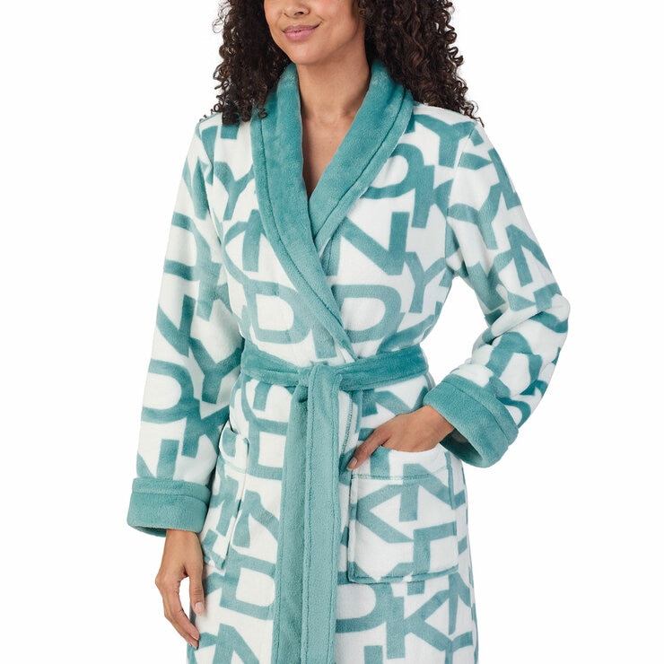 DKNY Shawl Collar Long Plush Robe in Blue
