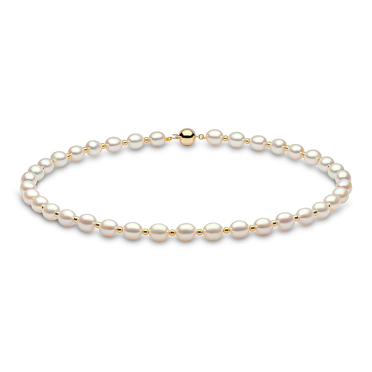 8-8.5mm Cultured Freshwater White Oval Pearl and Gold Bead Necklace, 18ct Yellow Gold