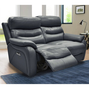 Fletcher Blue Leather Power Reclining 2 Seater Sofa with Power Headrest