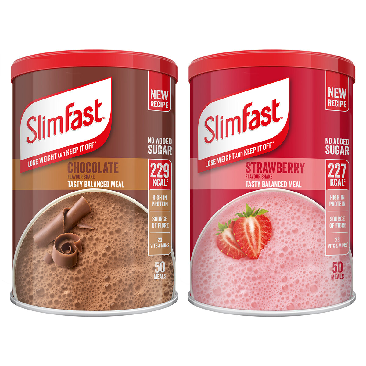 Both flavours of Slimfast protein powder with picture of shakes on them
