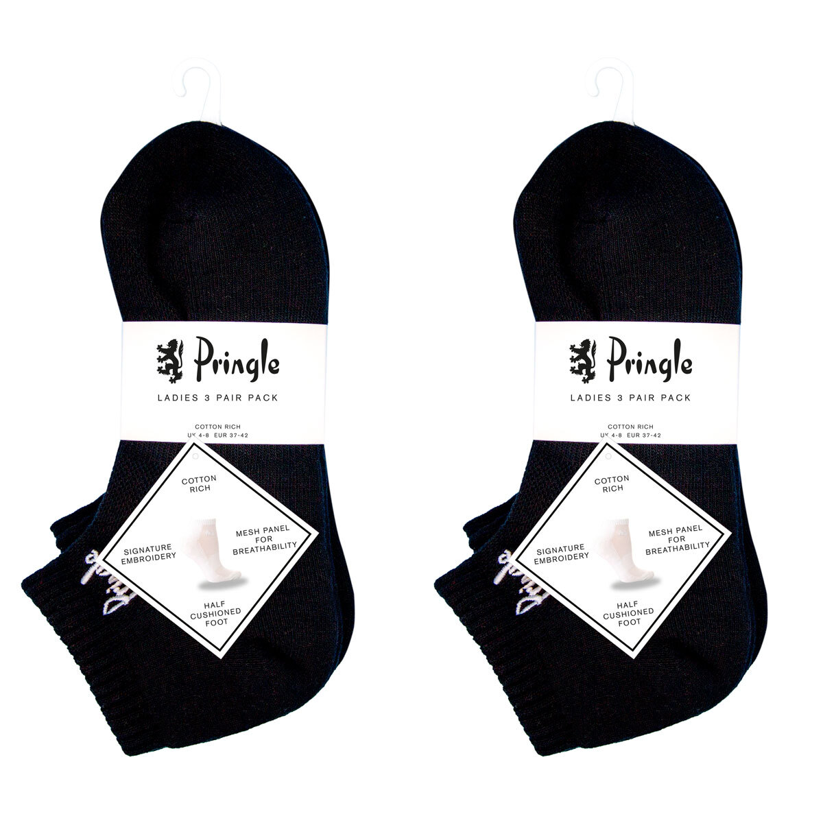 Pringle Women's 2 x 3 Pack Cushioned Sports Socks in Black, Size 4-8