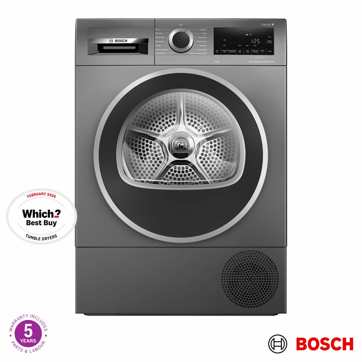 Bosch WQG245R2GB, Series 6, 9kg, Heat Pump Tumble Dryer A+++ Rating in Graphite