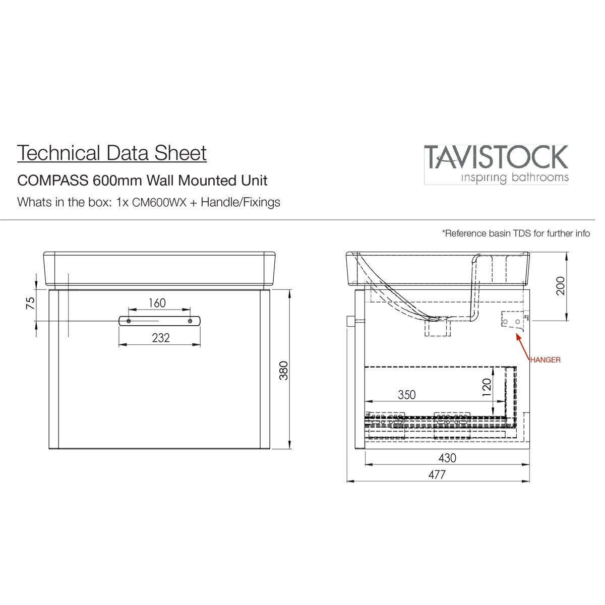Tavistock Curve 600mm Wall Mounted Vanity Unit in 3 Colours