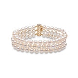 5.5-6mm Cultured Freshwater 3 Row White Pearl Bracelet, 14ct Yellow Gold