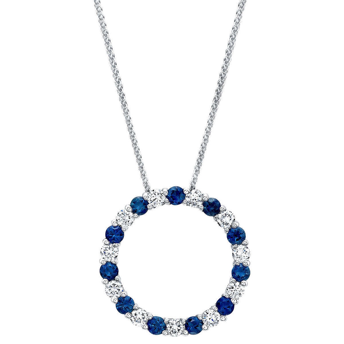 Round Cut Blue Sapphire & 0.66ctw Diamond Circle Pendant, 14ct White Gold