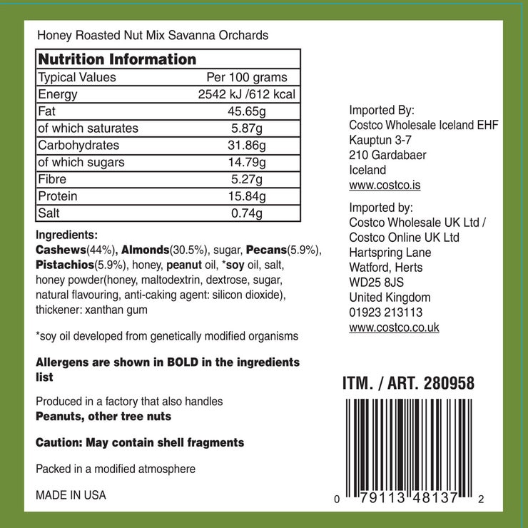 Savanna Orchards Gourmet Honey Roasted Nut Mix, 850g Costco UK