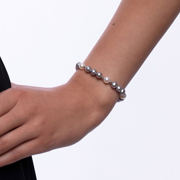 6-7mm Cultured Freshwater White & Grey Pearl Bracelet, 18ct White Gold 6-7mm Cultured Freshwater White & Grey Pearl Bracelet, 18ct White Gold