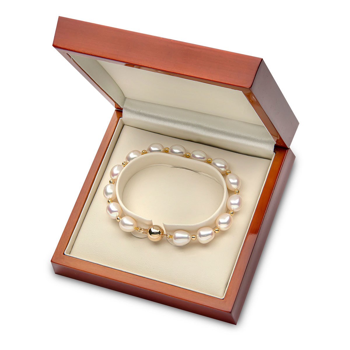 8-8.5mm Cultured Freshwater White Oval Pearl and Gold Bead Bracelet, 18ct Yellow Gold