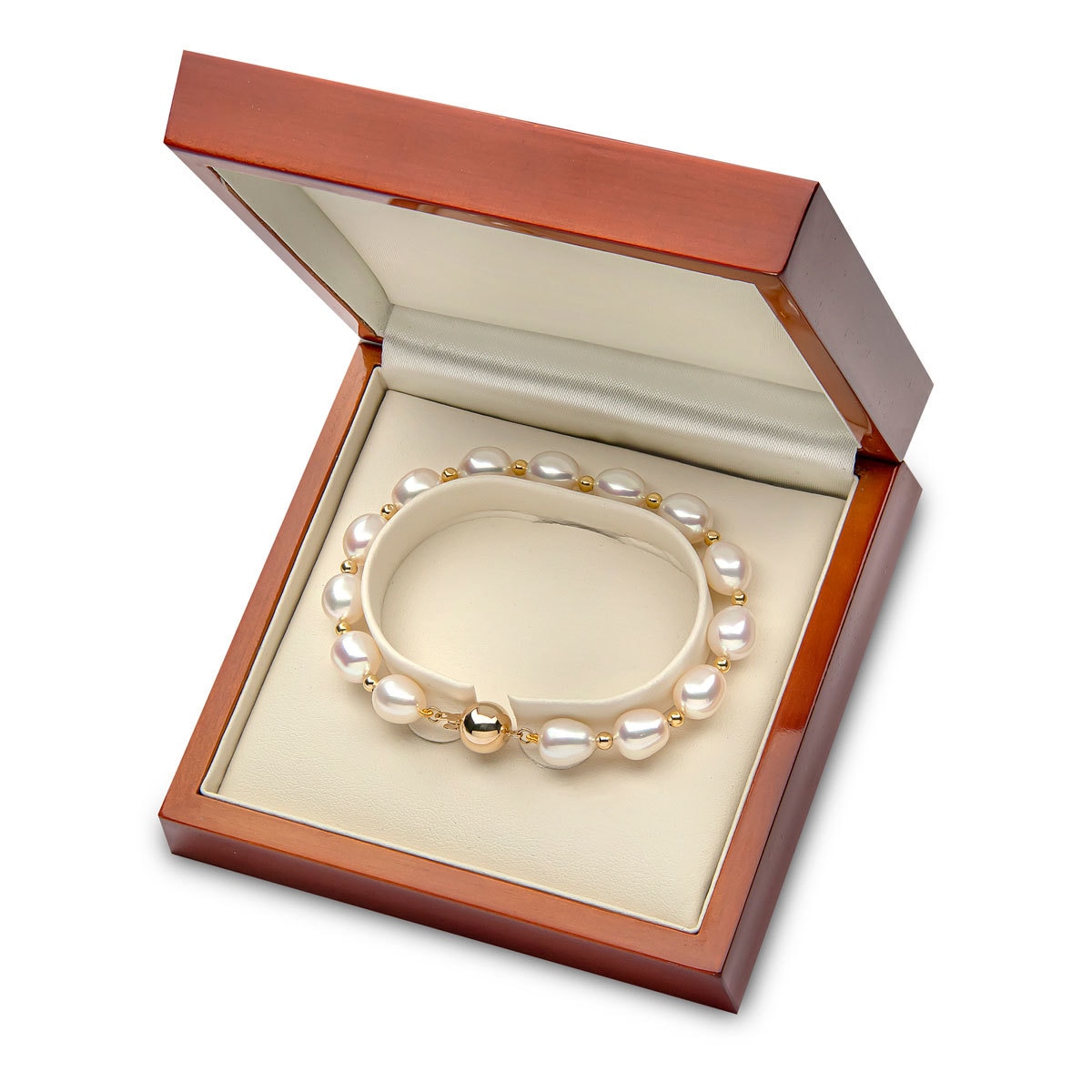 8-8.5mm Cultured Freshwater White Oval Pearl and Gold Bead Bracelet, 18ct Yellow Gold