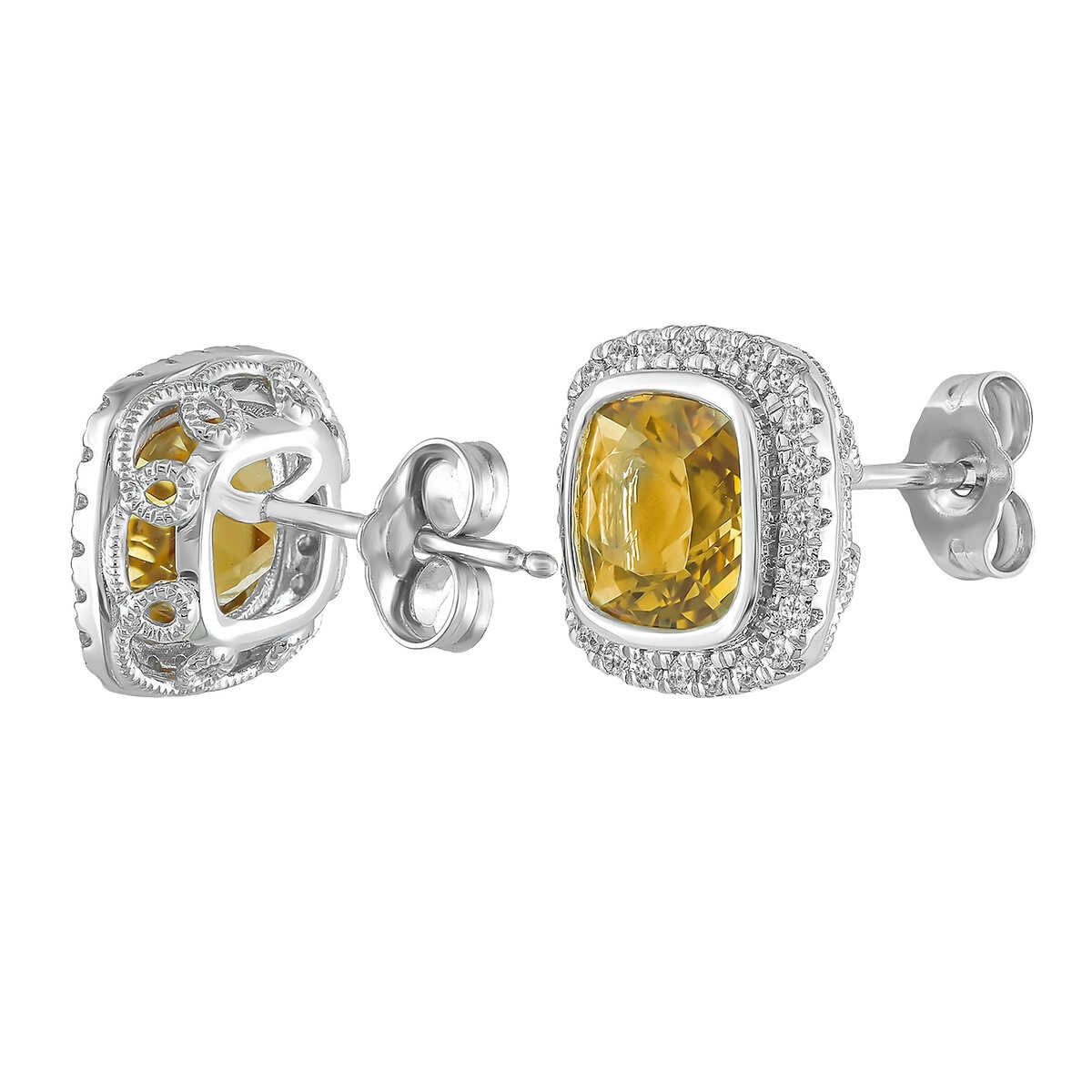 Cushion Cut Citrine & 0.23ctw Diamond Stud Earring, 14ct Whit Gold