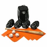 Studio image of the Louisville Slugger 33" bat, three baseballs, gloves, base set and stick bag