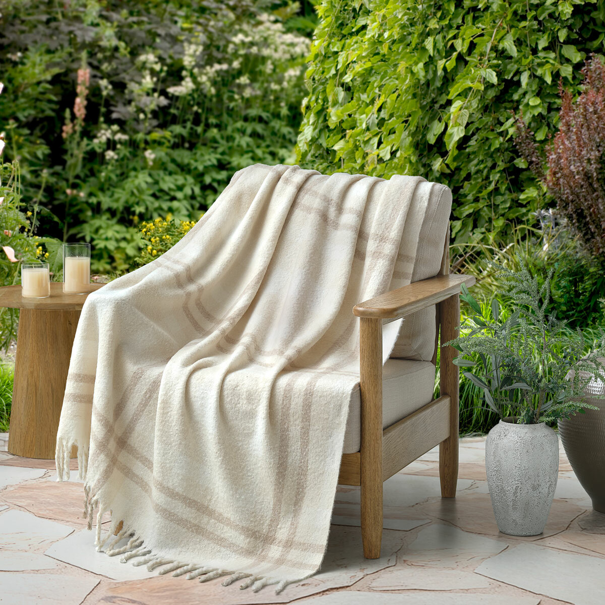 Beige Faux Mohair Throw draped on chair