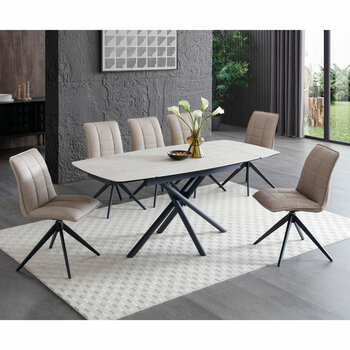 Indus Valley Skylar Ceramic Extending Dining Table + 6 Taupe Chairs, Seats 6-8