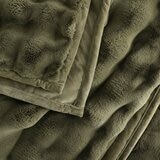 Close-up of folded olive green throw showing plush texture and stitched edge