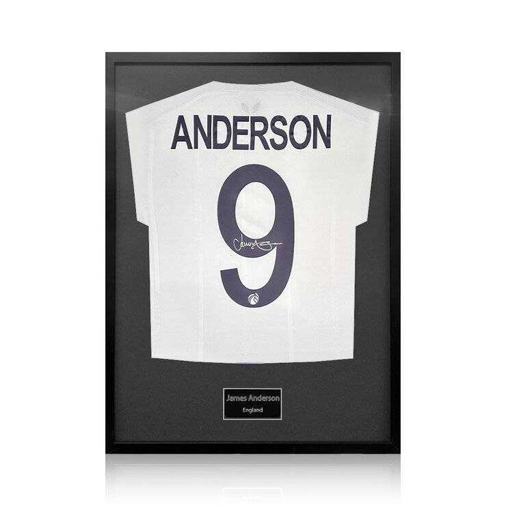 James Anderson Signed Framed England Cricket Shirt in 2 Options: White or Black Mount James Anderson Signed Framed England Cricket Shirt in 2 Options: White or Black Mount