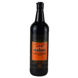 Single bottle of lea and perrins front facing on white background