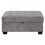 Side facing image of storage ottoman on white background with lid shut