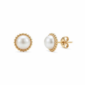6.5-7mm Cultured Freshwater White Pearl Earrings, 14ct Yellow Gold