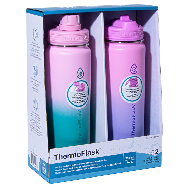 ThermoFlask Stainless Steel 700ml Water Bottle, 2 Pack in Teal & Pink