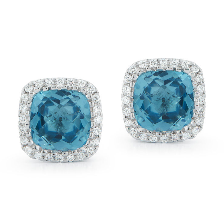 Cushion Cut Blue Topaz and 0.14ctw Diamond Earrings, 18ct White Gold ...