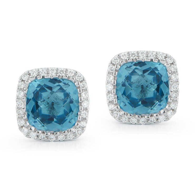 Cushion Cut Blue Topaz And 0 14ctw Diamond Earrings 18ct White