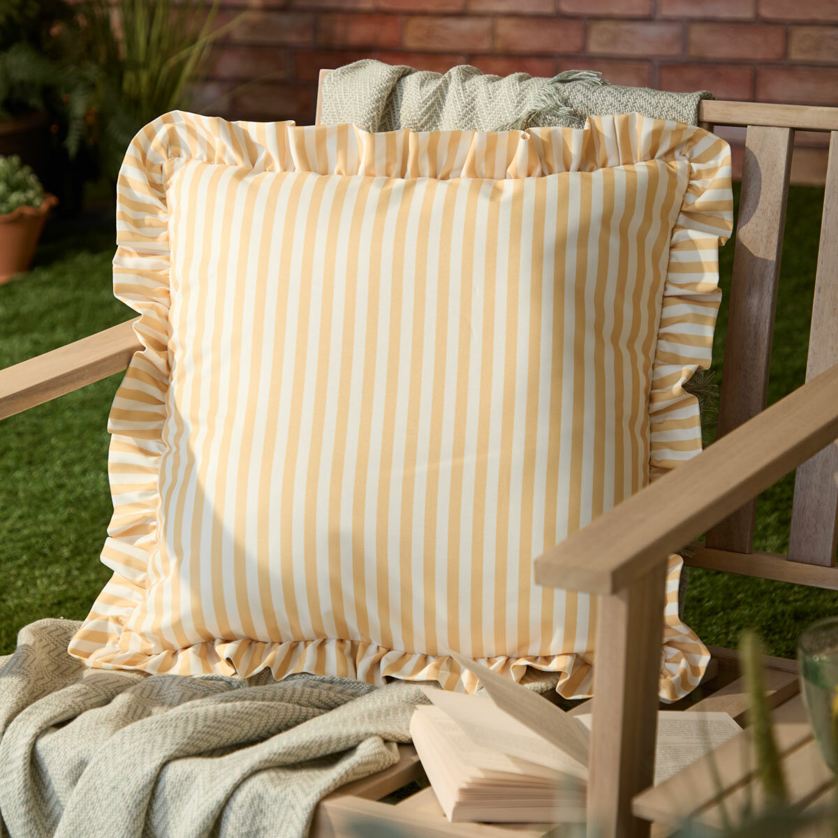 Wylder Millie Ruffle Yellow Striped Indoor Outdoor Cushion, 50 x 50 cm