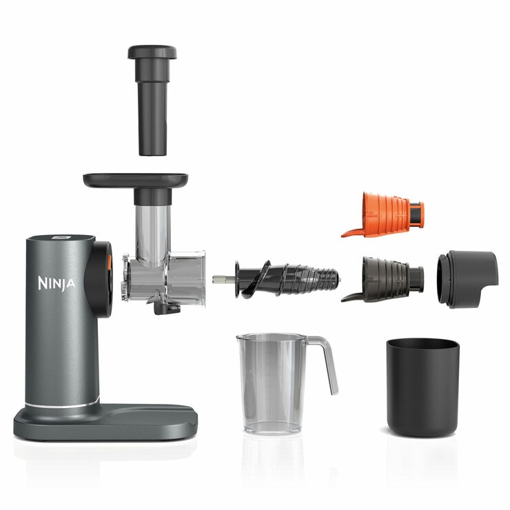 Side Profile of Ninja Cold Press Juicer with Anti-Clog Filter with attachments