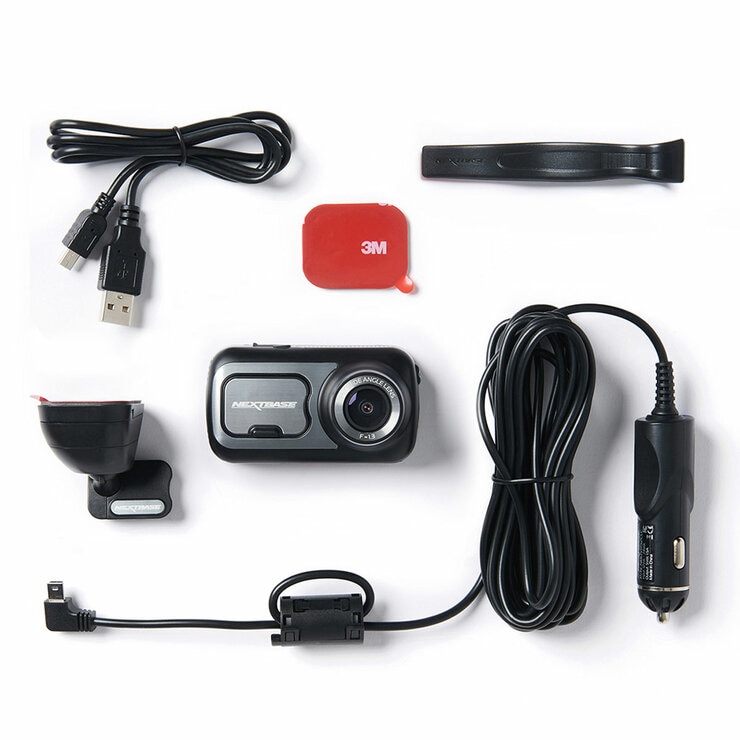 Nextbase 422GW dash cam with all included components on white background
