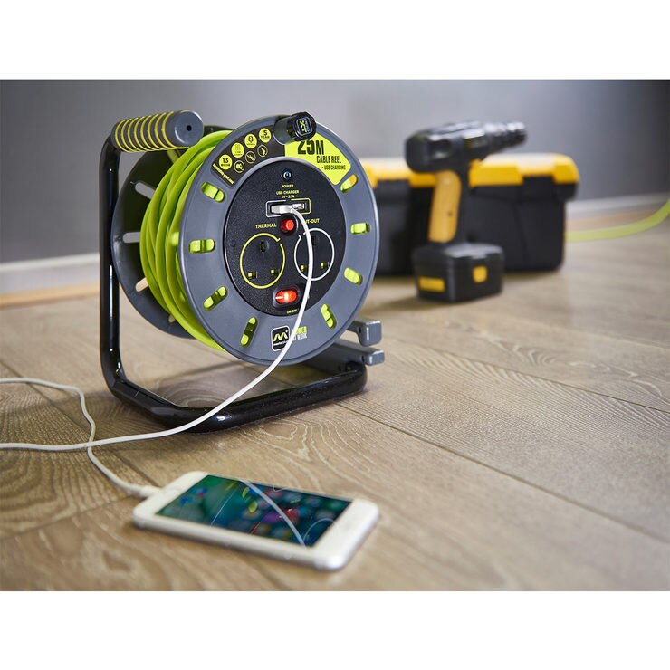 Masterplug Pro XT 25m 2 Gang 2 USB Open Reel Extension Lead Costco UK