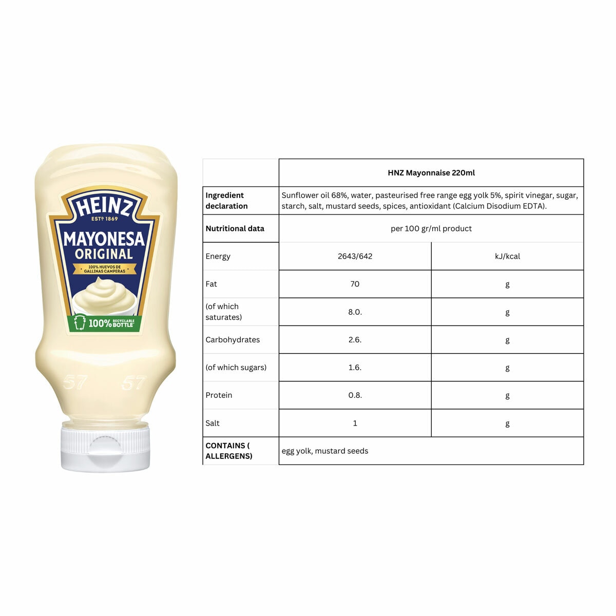 Heinz Mayonaise 220ml and Ingredients info