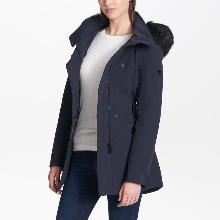 Andrew Marc Women's Softshell Jacket with Faux Fur Trim Hood in Navy
