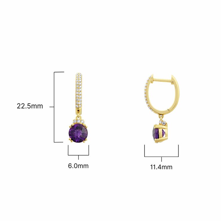 Round Cut Amethyst & 0.24ctw Diamond Earrings, 18ct Yellow Gold