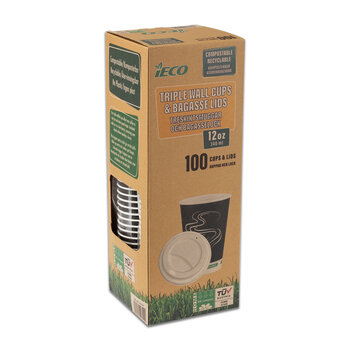 iECO Recyclable Triple Wall Hot Cups & Lids, 12oz, 100 Pack