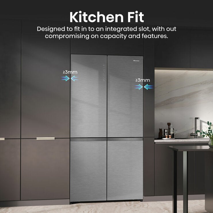 Hisense KitchenFit RQ768N4GVE, Non Plumbed Multidoor Fridge Freezer, E Rated In Silver Glass Hisense KitchenFit RQ768N4GVE, Non Plumbed Multidoor Fridge Freezer, E Rated In Silver Glass
