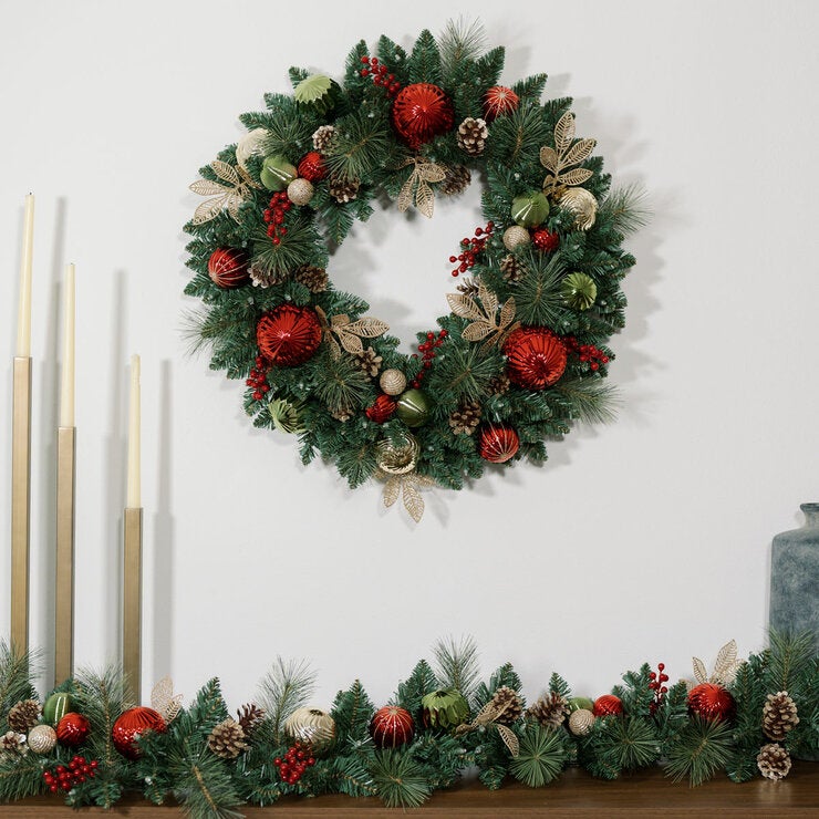 30 inch (76cm) Pre-Lit Decorated Wreath with 50 LED Lights in Red 30 inch (76cm) Pre-Lit Decorated Wreath with 50 LED Lights in Red