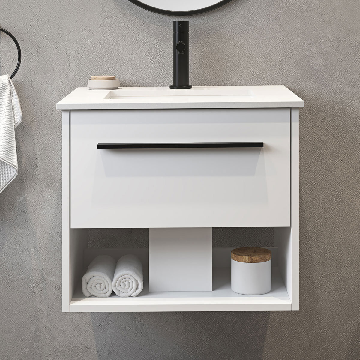 Close up front facing lifestyle of OVE Camila 610mm in matte white