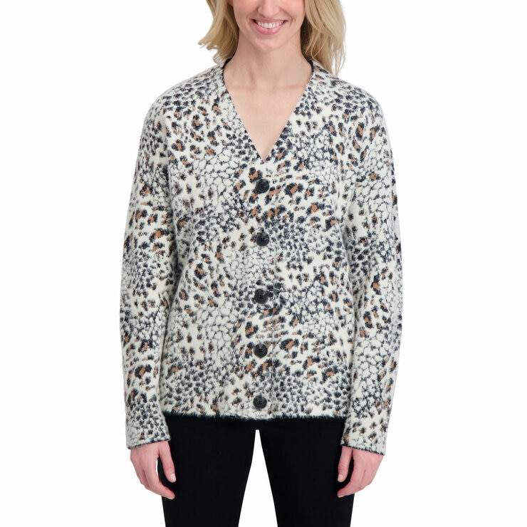 DKNY Ladies Leopard Print Cardigan in Ivory
