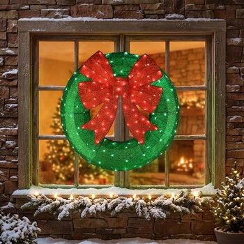 36 inch Light-Up Christmas Wreath Sculpture With Bow 36 inch Light-Up Christmas Wreath Sculpture With Bow