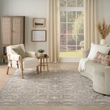 Grey and beige rug with detailed symmetrical pattern and vintage-style accents Grey and beige rug with detailed symmetrical pattern and vintage-style accents
