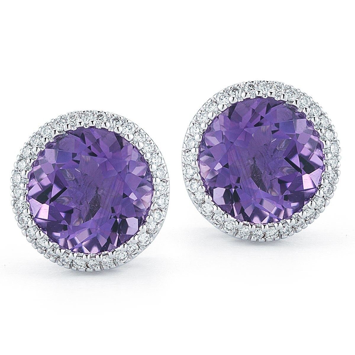 Round Cut Purple Amethyst & 0.18ctw Diamond Earrings, 18ct White Gold