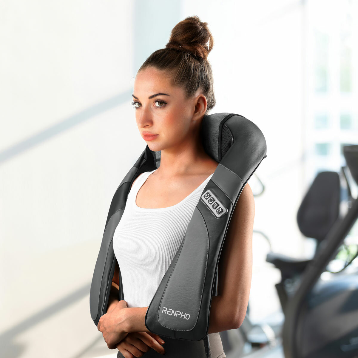 Lifestyle image of model using Renpho Shiatsu Neck and Shoulder Massager