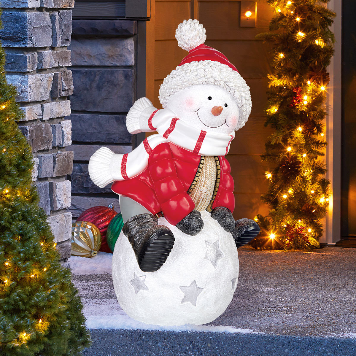 Snowman on snowball greeter on featured background