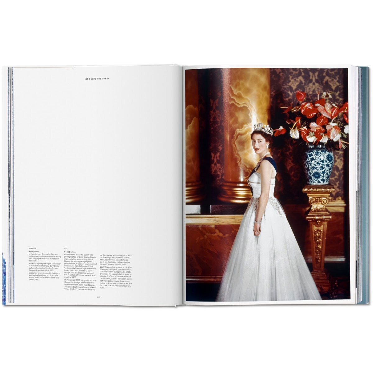 Page spread showing Queen standing in royal attire
