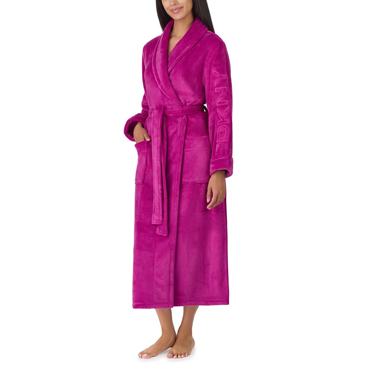 DKNY Shawl Collar Long Plush Robe in Magenta, Medium