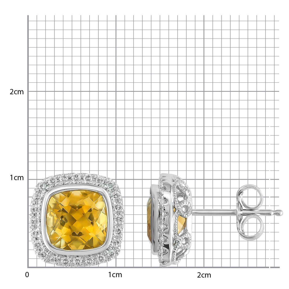 Cushion Cut Citrine & 0.23ctw Diamond Stud Earring, 14ct Whit Gold