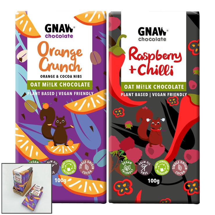 Gnaw Orange Crunch and Raspberry + Chilli Oat Mi!lk Chocolate Bars, 12 x 100g Gnaw Orange Crunch and Raspberry + Chilli Oat Mi!lk Chocolate Bars, 12 x 100g