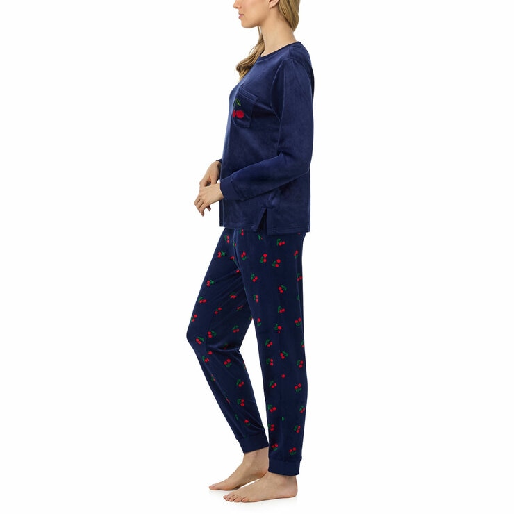 Jane & Bleecker Women's Silky Plush Pyjama Set in Navy Cherries